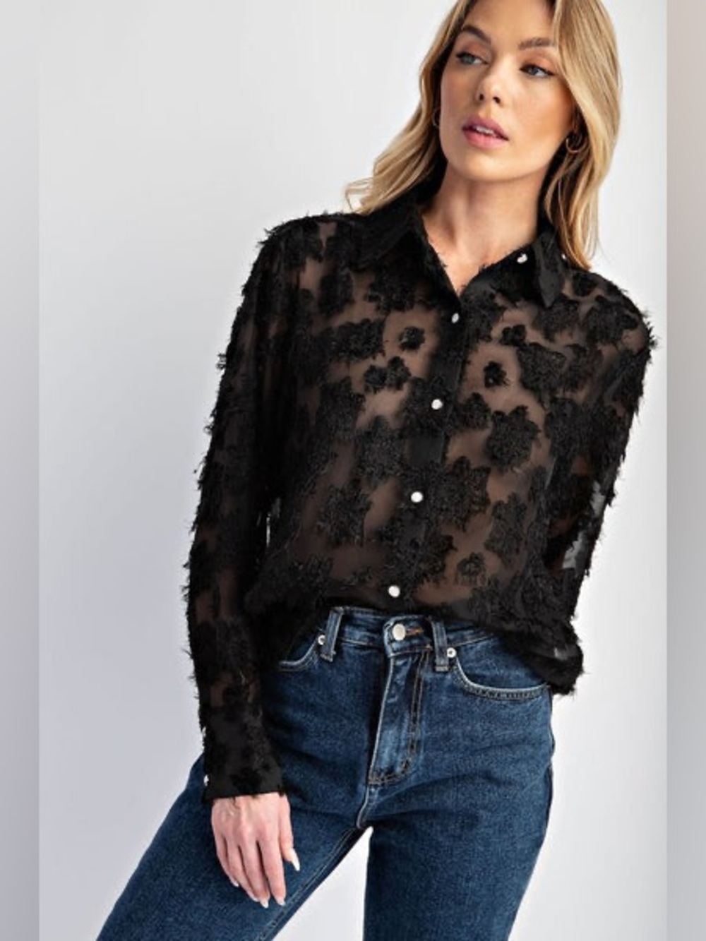 NWOT Heyson Sheer Texture Black Button-Down Blouse Sz Medium